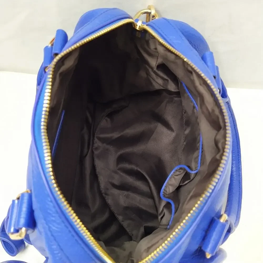 Terzetto Blue Pebbled Leather Double Handle Zipper Closure Satchel Shoulder Bag